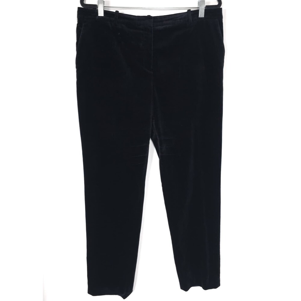 THEORY Women's Straight Pants 12 Black Dark Blue Velvet Trousers Luxury Tapered